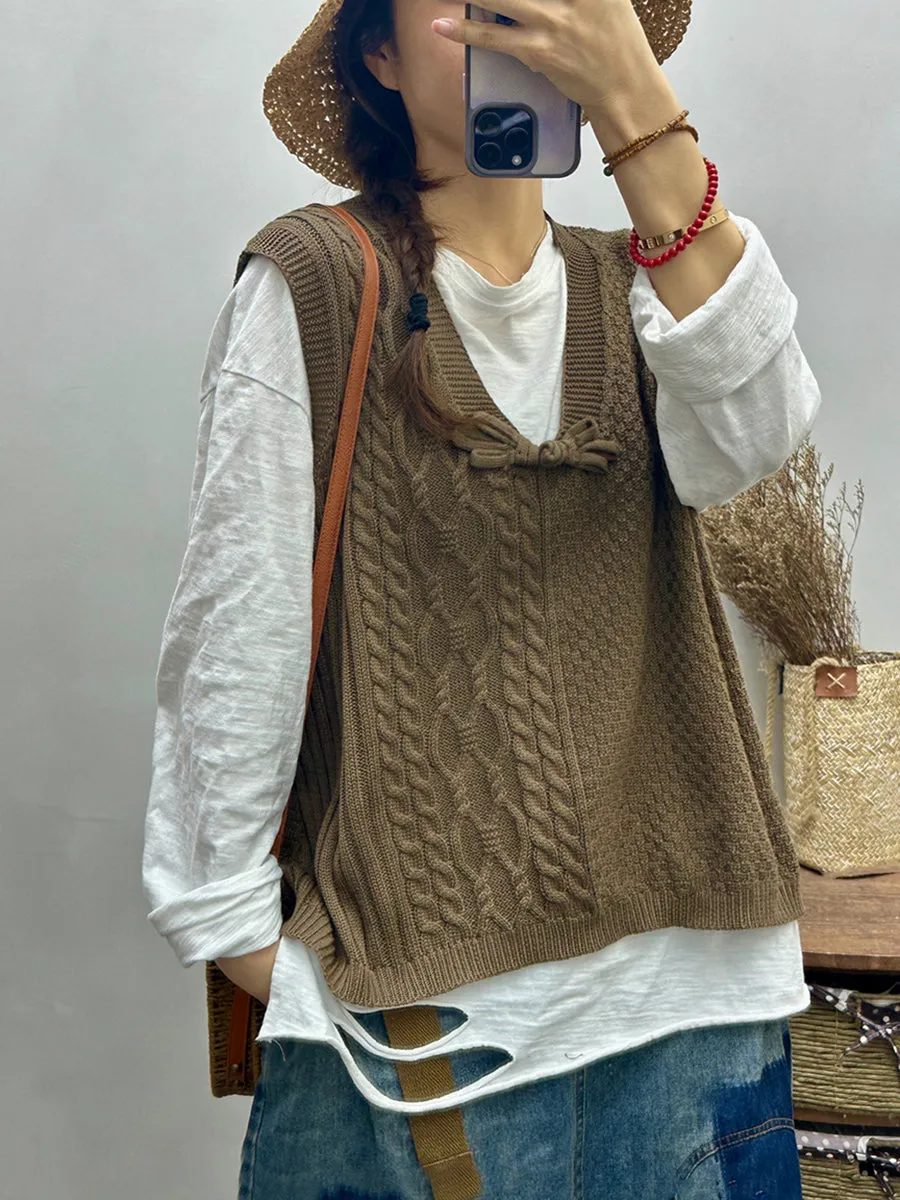 Women Retro Autumn Knitted V-Neck Vest