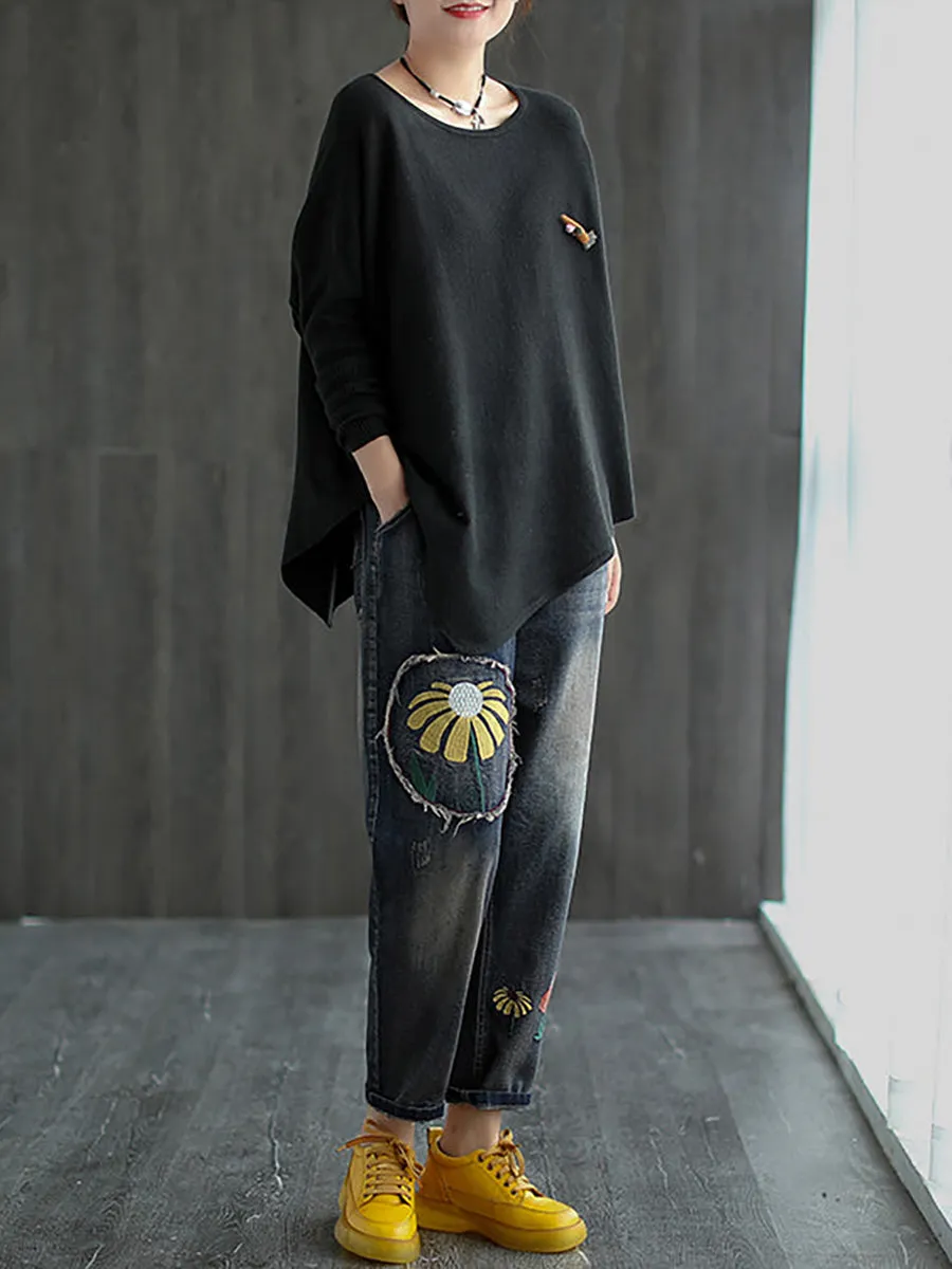 Women Solid Irregular Hem Loose Sweater