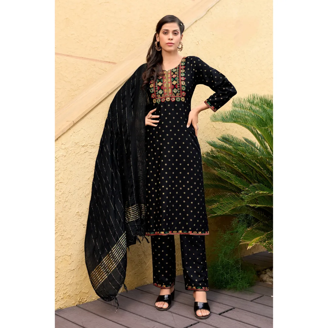 Women's Designer Black Embroidery Kurta Pant Dupatta Set Party Wear