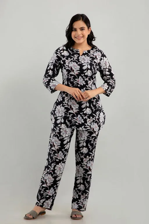 Women's Rayon Printed Plus Size Night Suit Set of Shirt and Pyjama