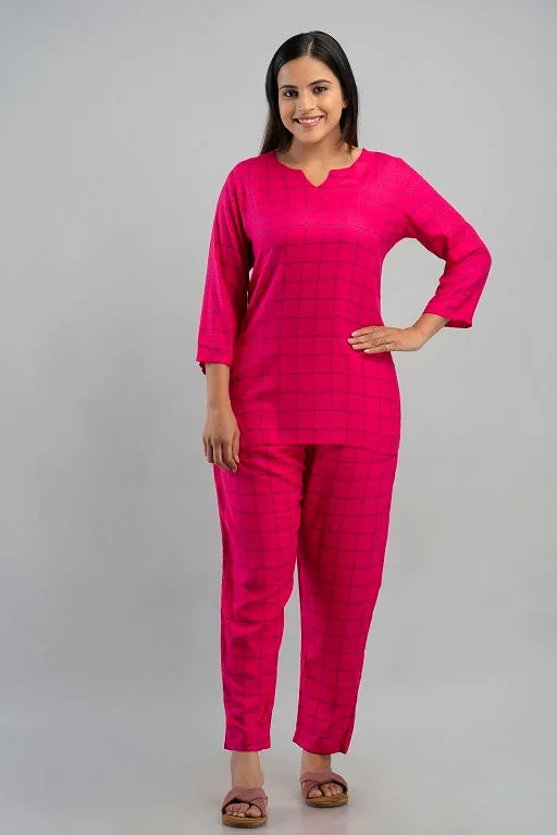 Women's Rayon Printed Plus Size Night Suit Set of Shirt and Pyjama