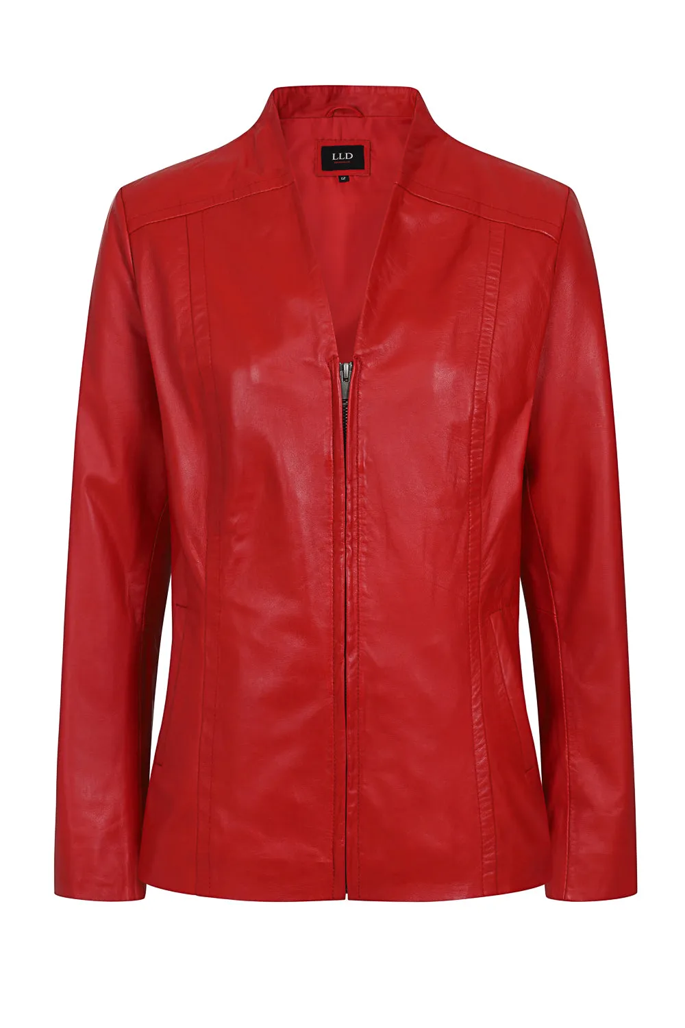 Women's Red Classic Zip Up Genuine Leather Jacket with a “V” Neck  - LAURA