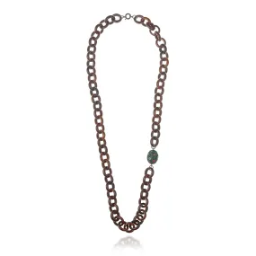 Wooden Chain Necklace with a Sterling Silver Bead in Forest Green Glitter, Dark Purple Glitter and Metallic Olive Enamels & Green Agate