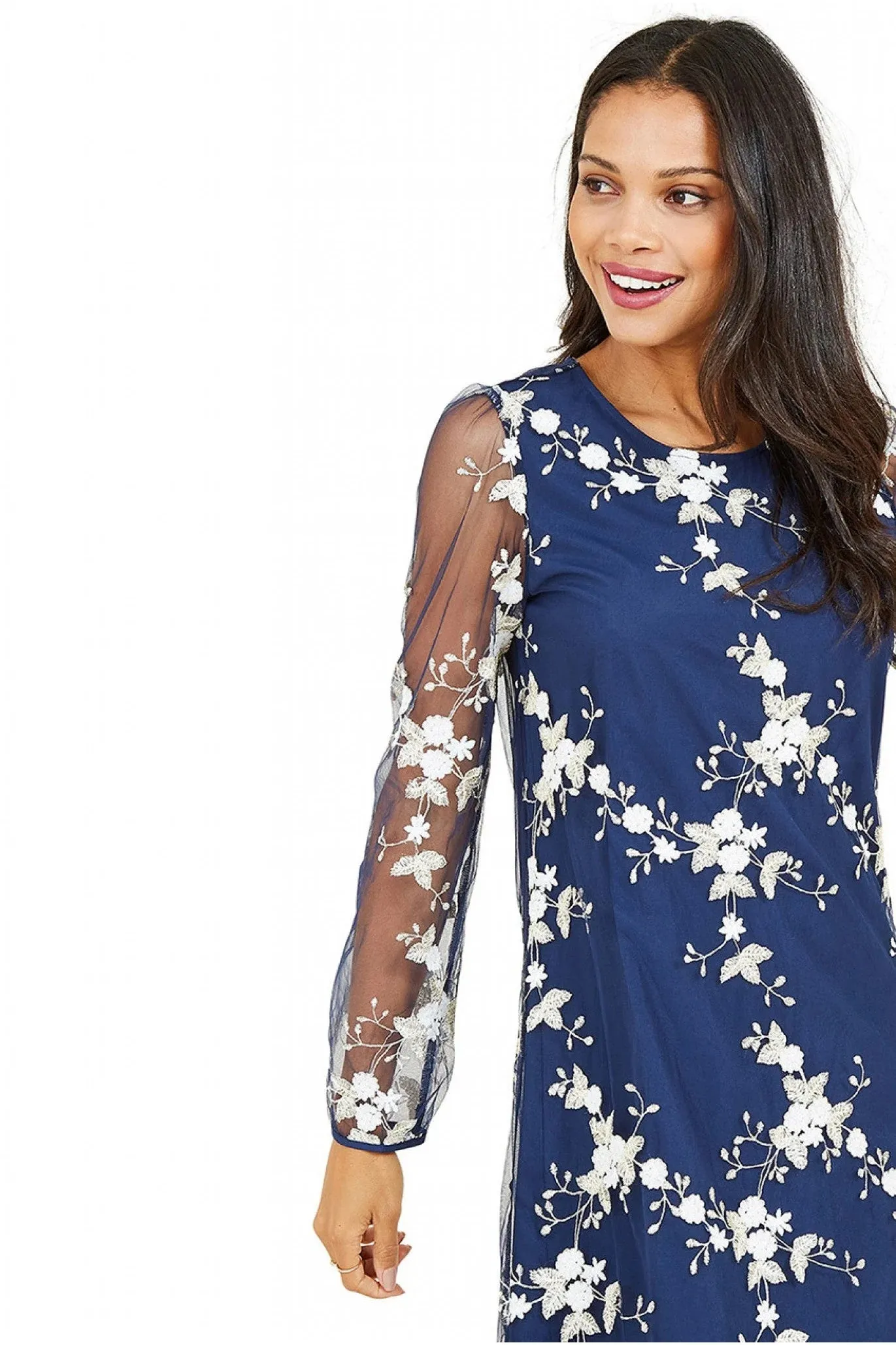 Yumi Navy Embroidered Lace Mesh Tunic